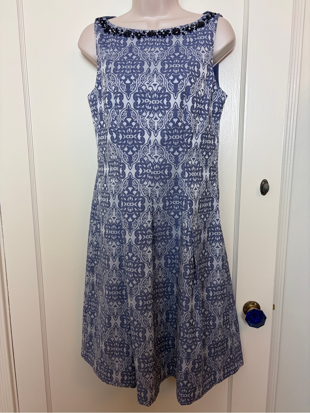 Premise Beaded Neck Periwinkle Blue Brocade Pattern Dress with Pleats - NWT